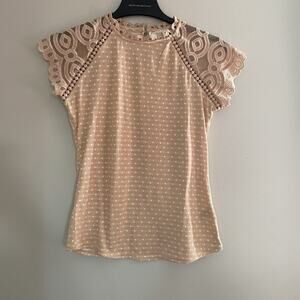 Mine Anthropologie Top Blouse Sz Small Tan Polka Dot Lace Sleeve - Read